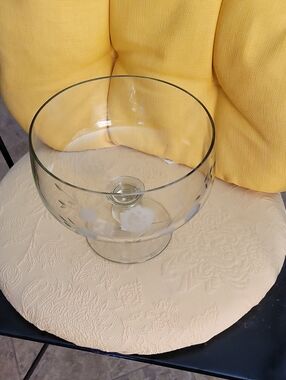 Clear Etched Glass Dessert Bowl - White Floral